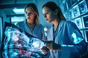 dois mulher médico usando futurista remédio médico , generativo ai. foto