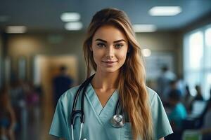 retrato do fêmea europeu médico em pé dentro hospital, cópia de espaço publicidade mensagem , generativo ai. foto