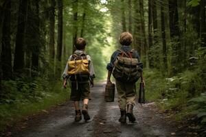 dois amigos em uma floresta estrada com mochilas , generativo ai foto