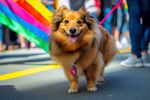 feliz cachorro vestir acima moda e andar dentro a evento lgbtq, generativo ai. foto