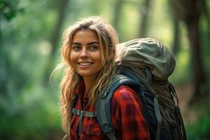 jovem mulher caminhada e indo acampamento dentro natureza .generativo ai . foto