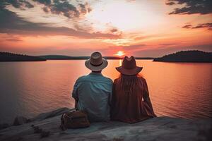 casal viagem relaxante e desfrutando a pôr do sol , lindo a mar , generativo ai foto