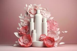 uma grupo do maquetes do garrafas para cosméticos. branco amostras ficar de pé em uma etapa com Rosa flores e folhas. isolado Rosa fundo. criada usando generativo ai. foto