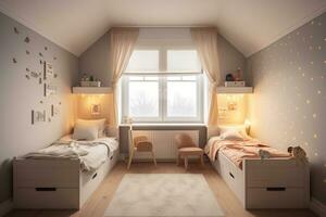 acolhedor crianças quarto com dual camas e simples elegância. generativo ai foto