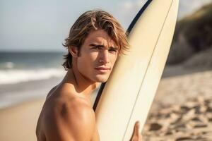 atraente masculino surfar de praia. gerar ai foto