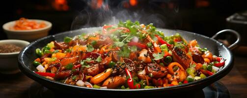 uma fechar-se tiro do uma chiando wok carregado com vibrante ingredientes exibindo a arte do ásia rua Comida vapor técnicas foto