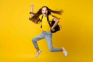 menina pulando mochila Diversão. gerar ai foto