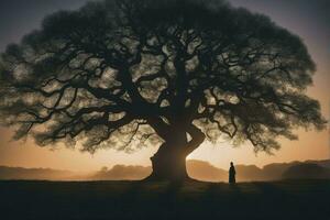 natural pôr do sol panorama com homem debaixo a árvore silhueta, generativo ai foto