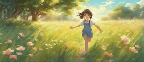 retrato do sorridente menina jogando, pulando e corrida em Relva feno campo caminhos do seco Relva dentro a pôr do sol. animê estilo, generativo ai foto