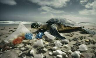 plástico poluição dentro oceano, tartaruga e plástico bolsa, de Meio Ambiente problema, generativo ai foto