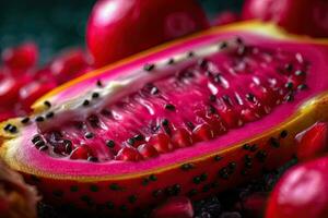 fruta do dragão brinde, macro tiro do uma fresco café da manhã com gotejamento mel, ai gerado foto