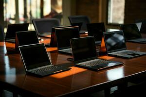 muitos laptops em de madeira mesa. gerar ai foto