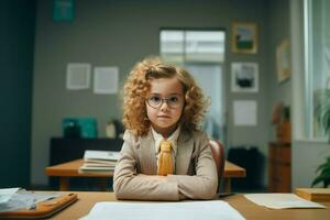 pequeno menina dentro Óculos às psicólogos escritório. gerar ai foto