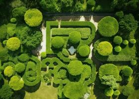 aéreo zangão Visão a partir de a topo do uma jardim caminho foto