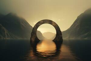 Casamento arco dentro a meio do uma lago foto