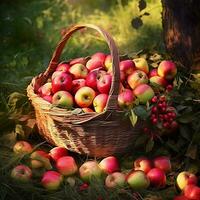 colheita do vermelho maçãs dentro vime cesta perto maçã árvore dentro jardim generativo ai foto