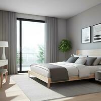 moderno quarto com de madeira cama e janela luz foto
