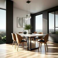 moderno jantar quarto interior com plantas e janela Visão foto