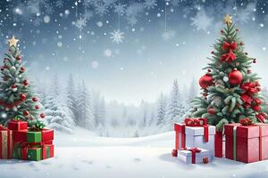 Novo ano fundo com realista festivo presentes caixa queda de neve com Natal árvore foto
