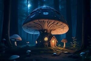 uma cogumelo casa dentro a coração do a floresta noite cena futurista fundo foto