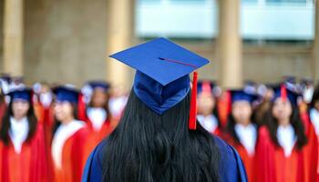 traseiro Visão do uma jovem universidade graduado em pé e vestindo graduação vestido e boné. foto