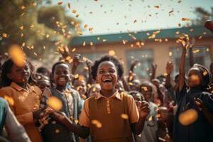 africano crianças às escola a comemorar costas para escola foto