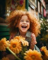 retrato do uma sorridente pequeno menina com uma ramalhete do flores foto