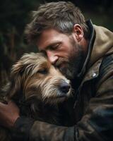 homem com barba e bigode abraçando dele cachorro dentro a floresta. fechar-se retrato. foto