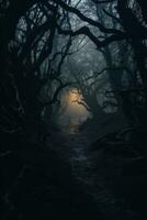 misterioso Sombrio floresta com névoa. dia das Bruxas conceito. seletivo foco foto