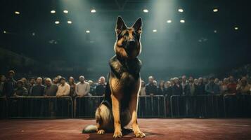 uma de raça pura de raça pura alemão pastor cachorro às a exibição do de raça pura cães. cachorro mostrar. animal exibição. concorrência para a a maioria de raça pura cachorro. ganhador, primeiro lugar, a Principal prêmio. ai gerado foto