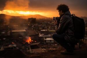 fotógrafo levando uma foto do a pôr do sol dentro uma cidade às guerra