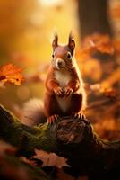 vermelho esquilo em uma árvore dentro outono floresta. lindo animal retrato. foto