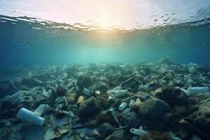 plástico desperdício em a inferior do a mar. a conceito do de Meio Ambiente poluição foto