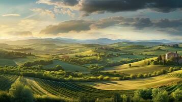 Toscana panorama panorâmico Visão às pôr do sol, Itália. foto