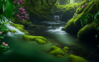 uma rio dentro floresta com muitos plantas, generativo ai ilustração. foto