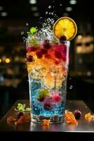 colorida coquetel com gelo, fruta, salpicos em uma Sombrio fundo foto