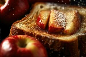 maçã brinde, macro tiro do uma fresco café da manhã com gotejamento mel, ai gerado foto
