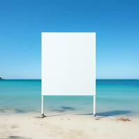 impressionante imagem do uma em branco Painel publicitário quadro, Armação em uma desolado praia, sem fim publicidade possibilidades ai generativo foto