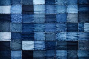 criativo patchwork do jeans texturas dentro vários tons do azul, ideal para centrado na juventude moda anúncios ai generativo foto