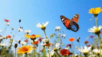 grupo do borboletas tremulando sobre uma Prado do flores silvestres debaixo uma sem nuvens azul céu ai generativo foto
