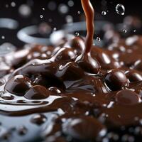dinâmico capturar do espalhados chocolate gotas em brilhante reflexivo superfície ai generativo foto