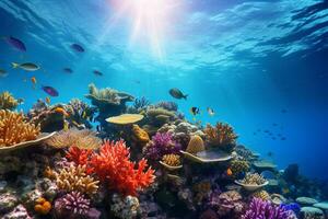 encantador embaixo da agua cena do uma vibrante, multicolorido coral recife abundante com diverso peixe ai generativo foto