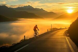 a cedo manhã passeio - a ciclista aventura através uma montanha passar ai generativo foto