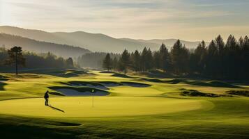 experiência do golfe no meio a grande extensão do natureza e belas aceso panorama ai generativo foto