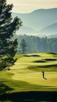 experiência do golfe no meio a grande extensão do natureza e belas aceso panorama ai generativo foto