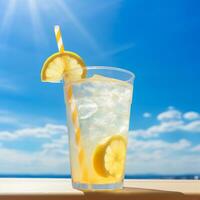 brilhante verão imagem do gelado limonada dentro vidro com limão fatia e Palha ai generativo foto