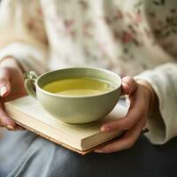 calma cena do mãos embalando uma verde chá copo com uma atenção livro perto ai generativo foto
