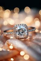 lindo diamante se empenhar anel fechar-se em bokeh fundo generativo ai foto
