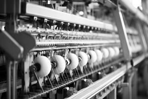 moderno têxtil fábrica com automatizado teares tecelagem padrões ai generativo foto