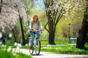 despreocupado mulher goza uma bicicleta passeio através uma exuberante verde parque abraçando Primavera vitalidade ai generativo foto